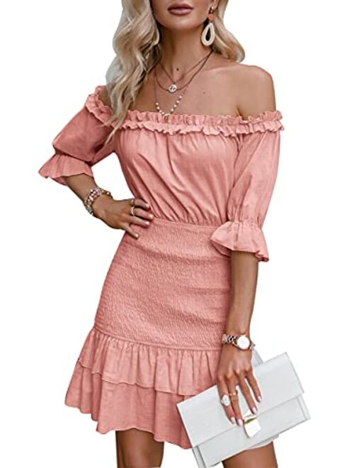 Amegoya Women's Summer Off Shoulder Ruffle Half Sleeve Cotton Beach Mini Dress