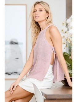 Sunny Style White Loose Knit Mock Neck Side Tie Tank Top