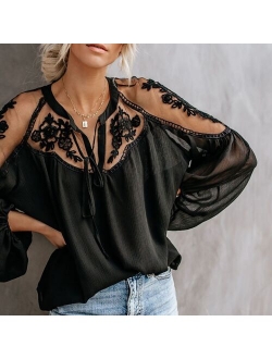 Sexy Lace Mesh Shirt Embroidery Patchwork Women Casual Long SleeveTops Chiffon Blouse Ladies Loose Tops Shirts Female Blusas