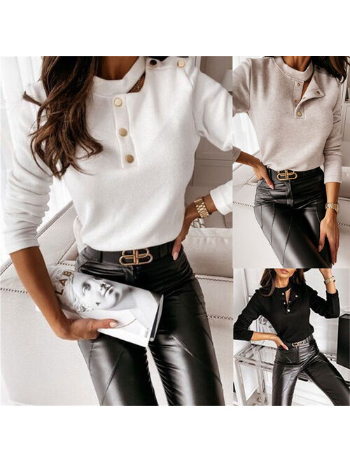 Imcute Spring Autumn Fashion OL Women Blouses Elegant Metal Button Design Shirts Tops Casual Long SLeeve Solid Pullover Blusas