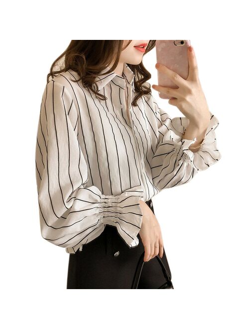 Women Striped Print Blouse College Pocket Lapel Trumpet Sleeve Loose Shirt