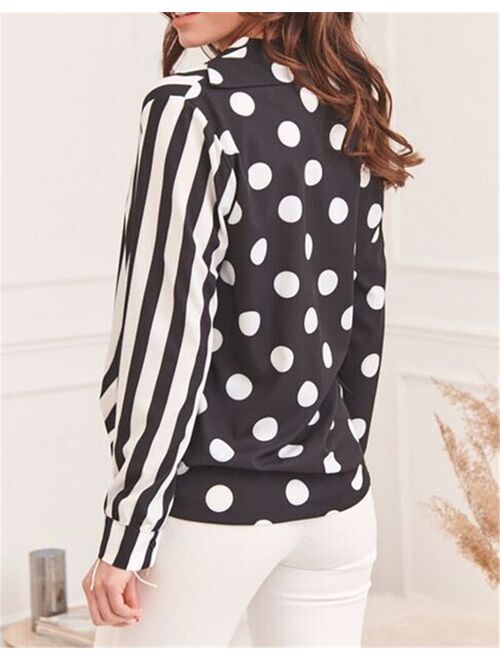 Imcute Fashion Women Shirts New Spring Autumn Loose Polka Dot Striped Print Patchwork Long Sleeve V-neck Button Down Blouses