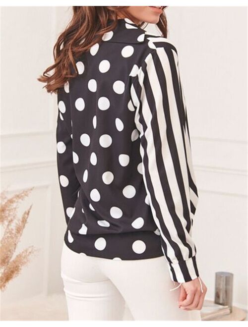 Imcute Fashion Women Shirts New Spring Autumn Loose Polka Dot Striped Print Patchwork Long Sleeve V-neck Button Down Blouses