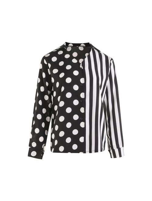 Imcute Fashion Women Shirts New Spring Autumn Loose Polka Dot Striped Print Patchwork Long Sleeve V-neck Button Down Blouses