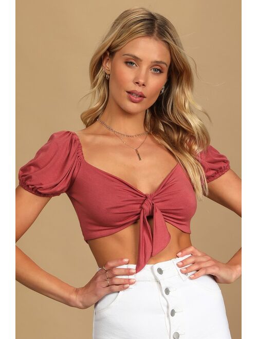 Lulus Chic Trends Rusty Rose Puff Sleeve Tie-Front Crop Top