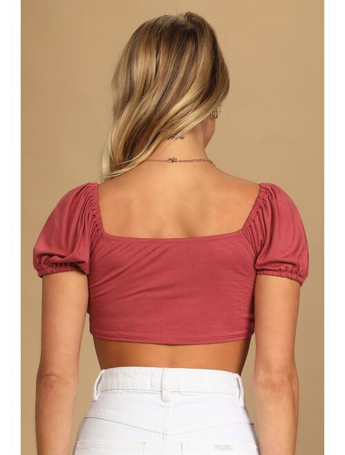 Lulus Chic Trends Rusty Rose Puff Sleeve Tie-Front Crop Top