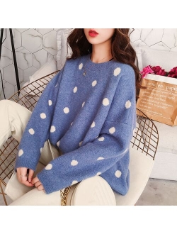 Korean Sweet Women Knitting Sweater Polka Dot O-Neck Yellow Pullover Warm Autumn Long Sleeve Kawaii Jumper Loose Streetwear