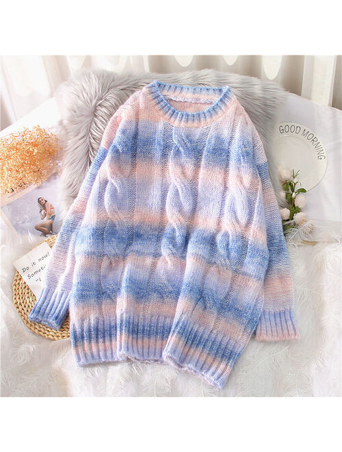 Spring Autumn Sweater Women 2021 Rainbow Sweaters Tie Dye Pullover O-Neck Long Loose Striped Jumpers Color Oversized Female