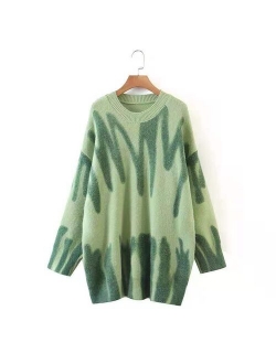 Women Knitted Sweater Vintage Green Striped Print Sweater Oversized Pullovers Winter Streetwear Long Sweaters Tie Dye Outerwear