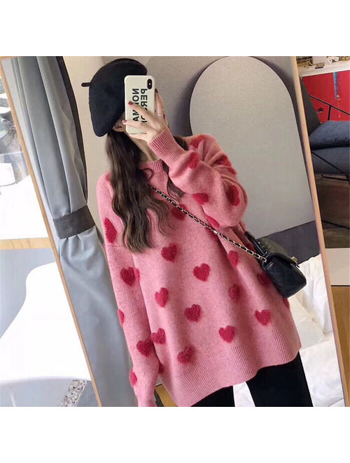 Sweater Women's Loose Jacket Fall Winter Love Pullover Long Sleeve Lazy Style Net Red Fashion Retro Knit Top 2021 New Hot Sale