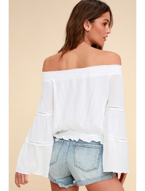 Lulus Sunny Story White Lace Bell Sleeve Off-the-Shoulder Top