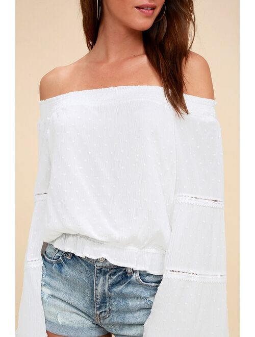 Lulus Sunny Story White Lace Bell Sleeve Off-the-Shoulder Top