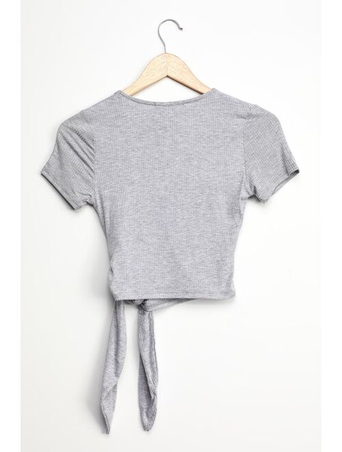 Lulus Try Me Out Heather Grey Ribbed Short Sleeve Wrap Top