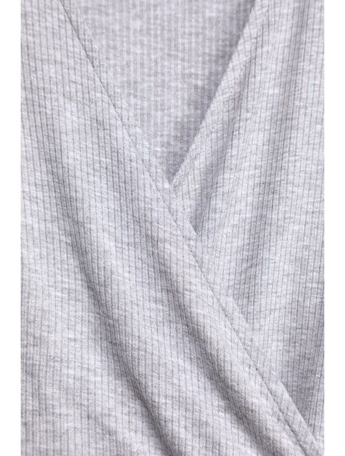 Lulus Try Me Out Heather Grey Ribbed Short Sleeve Wrap Top