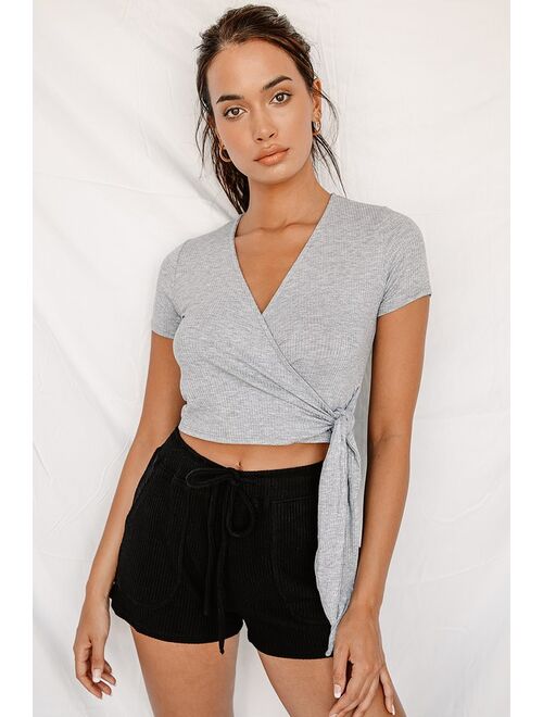 Lulus Try Me Out Heather Grey Ribbed Short Sleeve Wrap Top