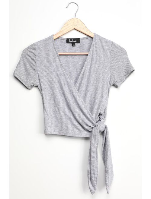 Lulus Try Me Out Heather Grey Ribbed Short Sleeve Wrap Top