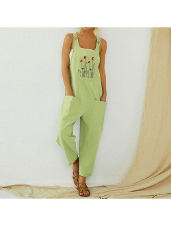 30h Women Casual Boho Jumpsuit Flower Print Bodysuit Pocket Women Romper Long Playsuit Strap Button Jumpsuit