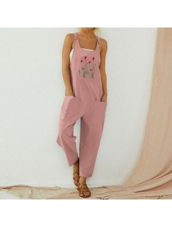 30h Women Casual Boho Jumpsuit Flower Print Bodysuit Pocket Women Romper Long Playsuit Strap Button Jumpsuit