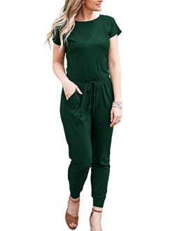 DouBCQ Womens Casual Short Sleeve Jumpsuits Elastic Waist Jumpsuit with Pockets