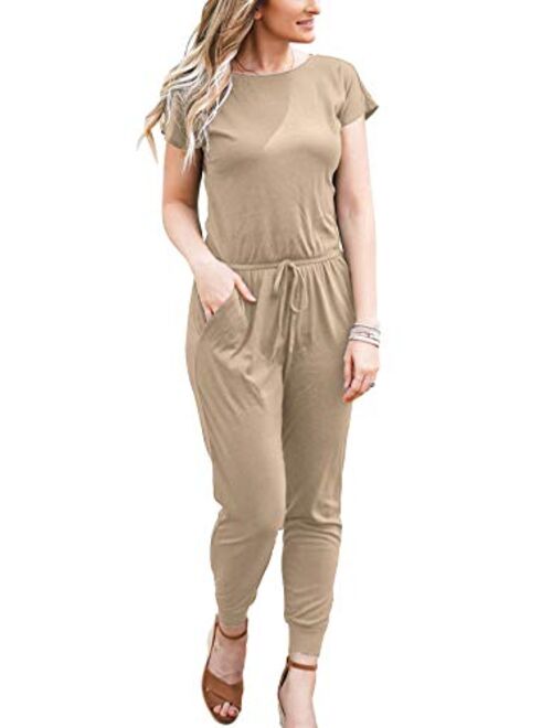 DouBCQ Womens Casual Short Sleeve Jumpsuits Elastic Waist Jumpsuit with Pockets