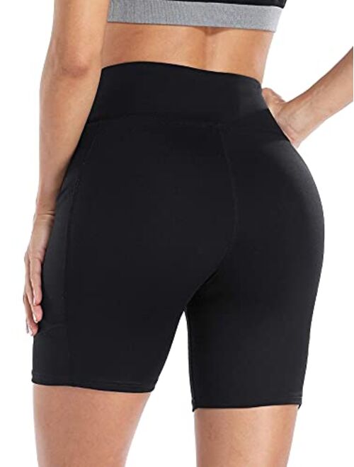 ATTRACO Women's High Waist Biker Shorts with Pockets Yoga Workout Shorts Tummy Control