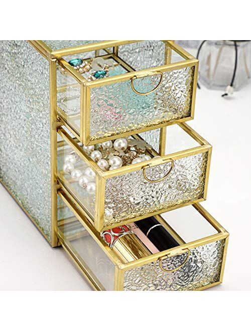 Hipiwe Glass Jewelry Trinket Box with 3 Drawers - Dresser Top Vanity Organizer Holder Gold Jewelry Display Storage Box Home Decorative Glass Box Keepsake Box, Large