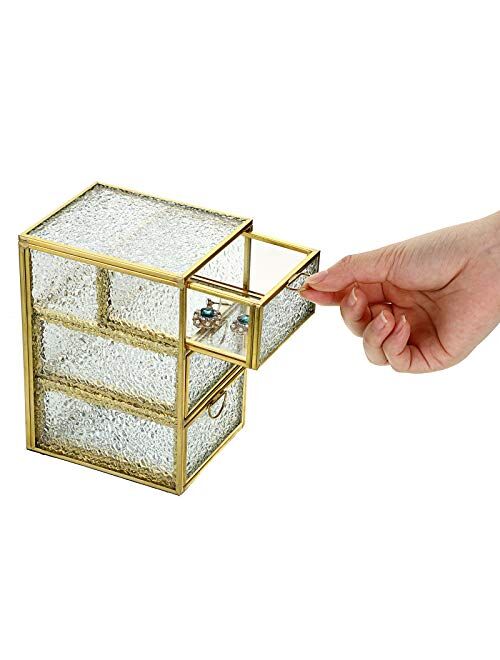 Hipiwe Glass Jewelry Trinket Box with 3 Drawers - Dresser Top Vanity Organizer Holder Gold Jewelry Display Storage Box Home Decorative Glass Box Keepsake Box, Large