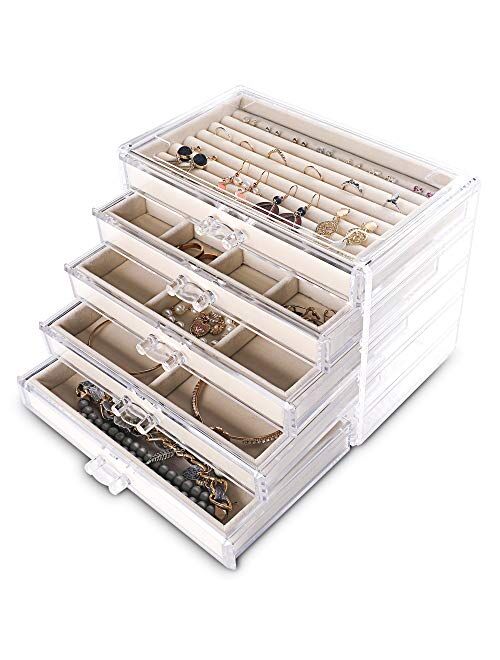 Frebeauty Extra Large Acrylic Jewelry Box for Women 5 Layers Clear Jewelry Organizer Velvet Earring Box with 5 Drawers Rings Display Case Necklaces Holder Tray for Women 