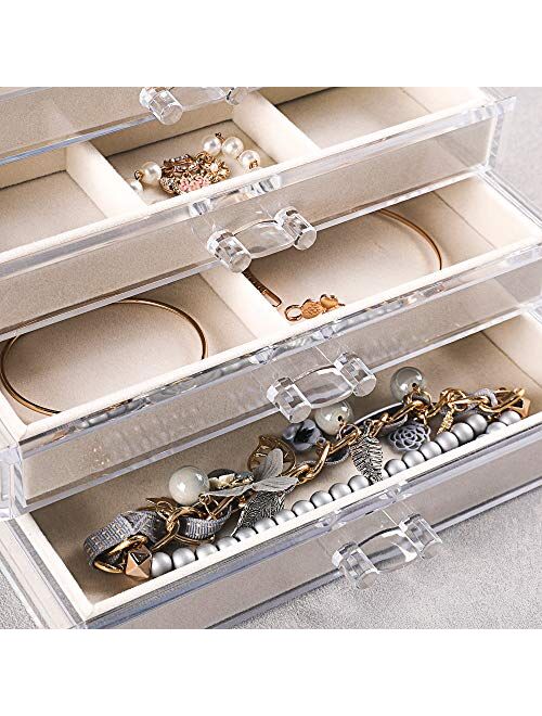 Frebeauty Extra Large Acrylic Jewelry Box for Women 5 Layers Clear Jewelry Organizer Velvet Earring Box with 5 Drawers Rings Display Case Necklaces Holder Tray for Women 