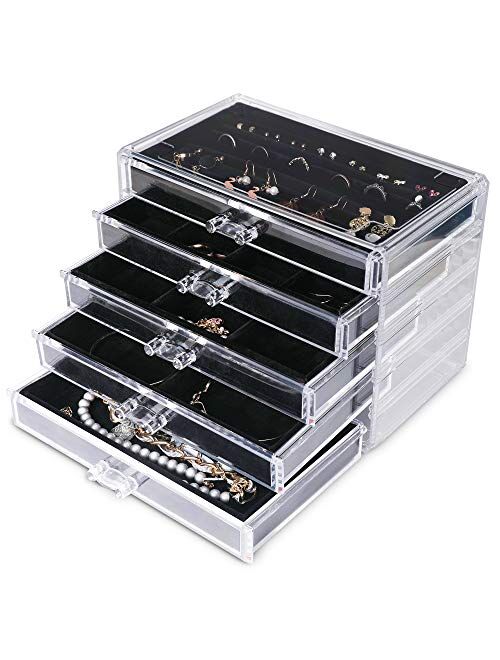 Frebeauty Extra Large Acrylic Jewelry Box for Women 5 Layers Clear Jewelry Organizer Velvet Earring Box with 5 Drawers Rings Display Case Necklaces Holder Tray for Women 