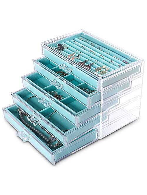 Frebeauty Extra Large Acrylic Jewelry Box for Women 5 Layers Clear Jewelry Organizer Velvet Earring Box with 5 Drawers Rings Display Case Necklaces Holder Tray for Women 