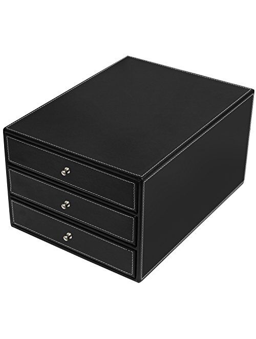 MyGift Executive Black Leatherette 3 Drawers File Cabinet/Office Supplies Desk Storage/Jewelry Organizer Box