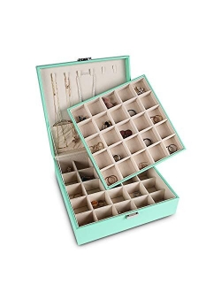 Frebeauty Earring Organizer Classic Jewelry Box 50 Slots Double Layer Jewelry Storage Case with 6 Necklace Hook and Bracelet Pocket (Turquoise)