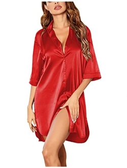 Women's Nightgown Button Down Sleepshirt Satin 3/4 Sleeve Nightshirt Boyfriend Notch Collar Sleepwear