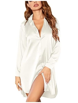 Women's Nightgown Button Down Sleepshirt Satin 3/4 Sleeve Nightshirt Boyfriend Notch Collar Sleepwear