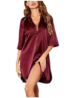 Women's Nightgown Button Down Sleepshirt Satin 3/4 Sleeve Nightshirt Boyfriend Notch Collar Sleepwear