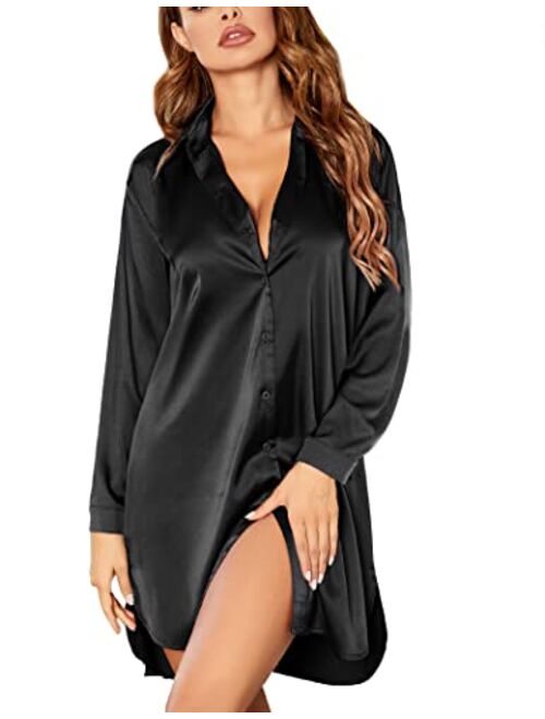 Ekouaer Women's Nightgown Button Down Sleepshirt Satin 3/4 Sleeve Nightshirt Boyfriend Notch Collar Sleepwear