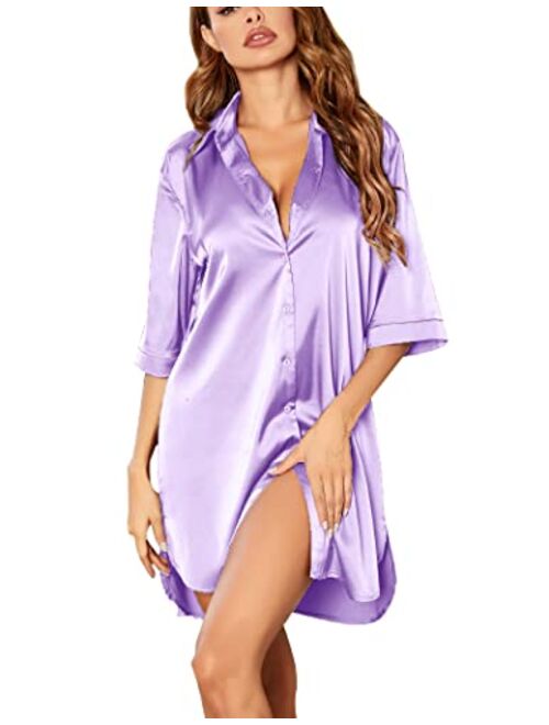 Ekouaer Women's Nightgown Button Down Sleepshirt Satin 3/4 Sleeve Nightshirt Boyfriend Notch Collar Sleepwear