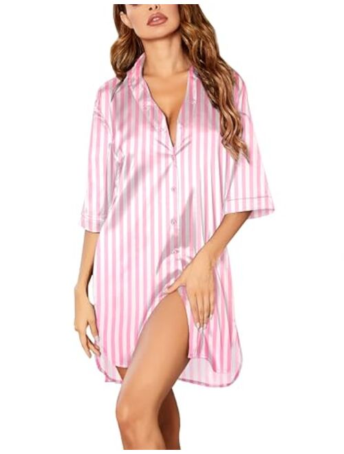 Ekouaer Women's Nightgown Button Down Sleepshirt Satin 3/4 Sleeve Nightshirt Boyfriend Notch Collar Sleepwear