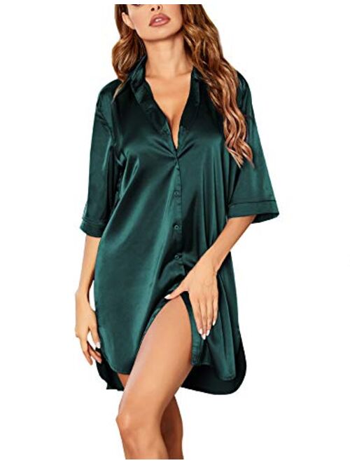 Ekouaer Women's Nightgown Button Down Sleepshirt Satin 3/4 Sleeve Nightshirt Boyfriend Notch Collar Sleepwear