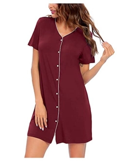 SWOMOG Women's Button Down Nightgown Short Sleeve Nightshirt V-Neck Sleepwear Boyfriend Sleepshirt Pajama Dress