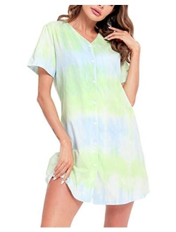 SWOMOG Women's Button Down Nightgown Short Sleeve Nightshirt V-Neck Sleepwear Boyfriend Sleepshirt Pajama Dress