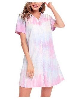 SWOMOG Women's Button Down Nightgown Short Sleeve Nightshirt V-Neck Sleepwear Boyfriend Sleepshirt Pajama Dress