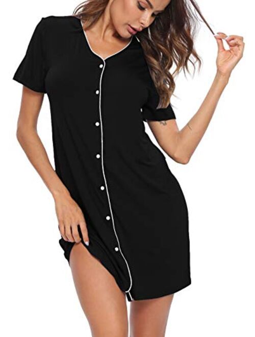 SWOMOG Women's Button Down Nightgown Short Sleeve Nightshirt V-Neck Sleepwear Boyfriend Sleepshirt Pajama Dress