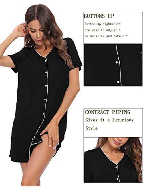 SWOMOG Women's Button Down Nightgown Short Sleeve Nightshirt V-Neck Sleepwear Boyfriend Sleepshirt Pajama Dress