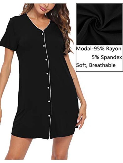 SWOMOG Women's Button Down Nightgown Short Sleeve Nightshirt V-Neck Sleepwear Boyfriend Sleepshirt Pajama Dress