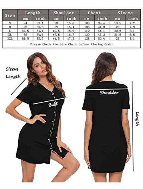 SWOMOG Women's Button Down Nightgown Short Sleeve Nightshirt V-Neck Sleepwear Boyfriend Sleepshirt Pajama Dress