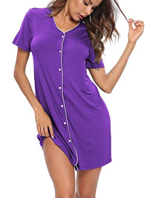 SWOMOG Women's Button Down Nightgown Short Sleeve Nightshirt V-Neck Sleepwear Boyfriend Sleepshirt Pajama Dress