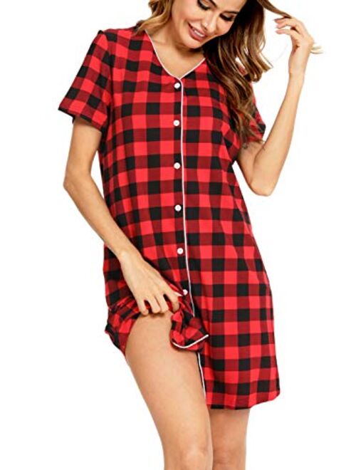 SWOMOG Women's Button Down Nightgown Short Sleeve Nightshirt V-Neck Sleepwear Boyfriend Sleepshirt Pajama Dress