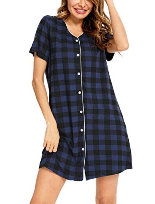 SWOMOG Women's Button Down Nightgown Short Sleeve Nightshirt V-Neck Sleepwear Boyfriend Sleepshirt Pajama Dress